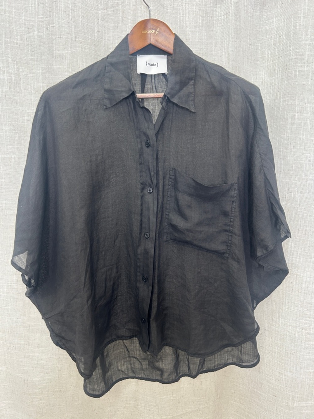 NUDE Sheer Black Linen Short-Sleeve Button Down Blouse Size XX-Small